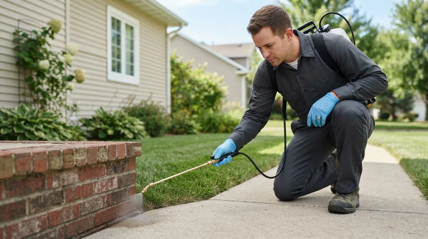 Pest control technician treating a home near West Farmington, OH