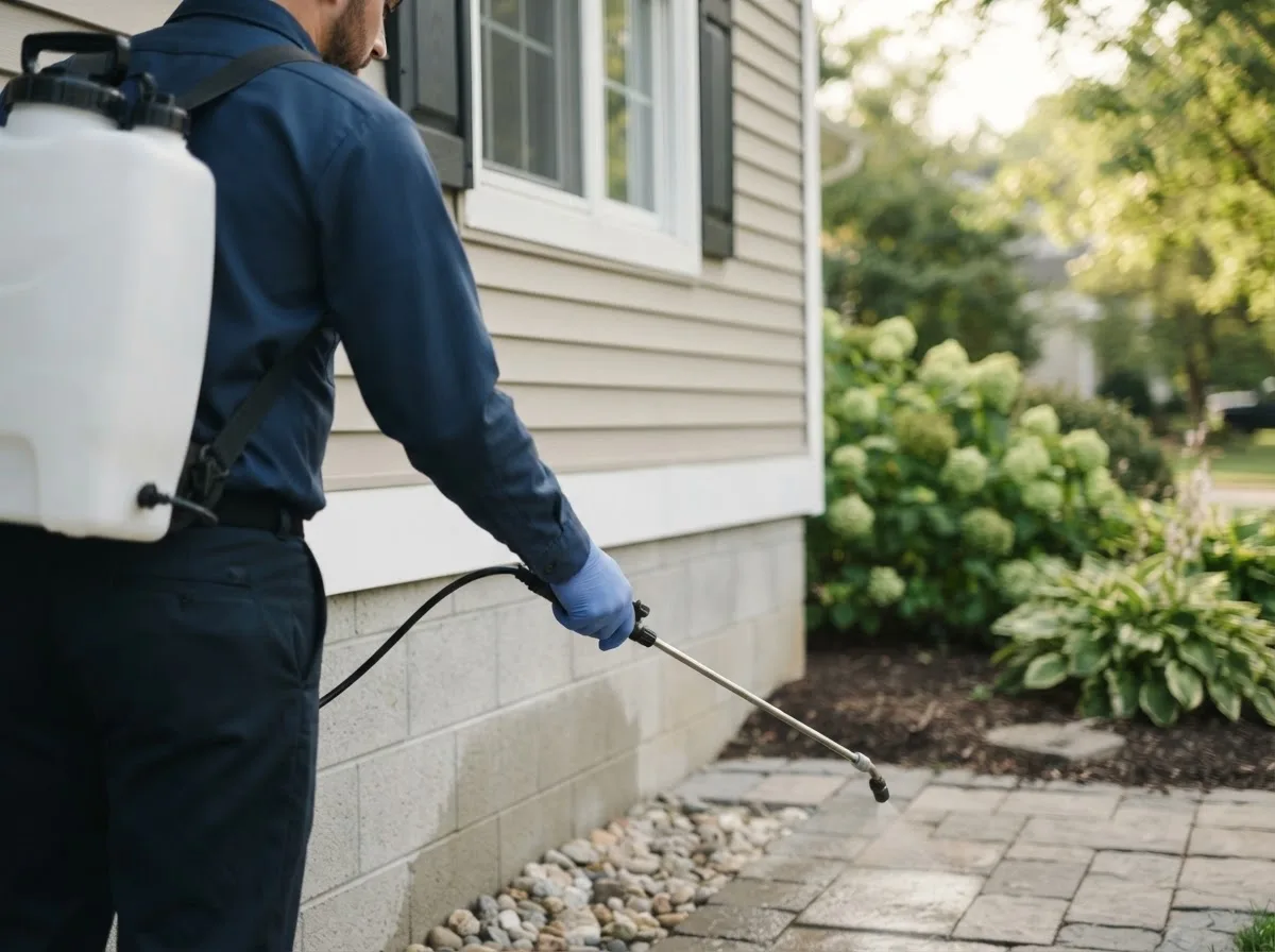 Pest control technician inspecting a home in West Farmington, OH